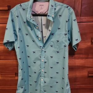 Izod Men's Teal Lightweight Preppy Buttondown Casual Shirt with Navy Dog Pattern